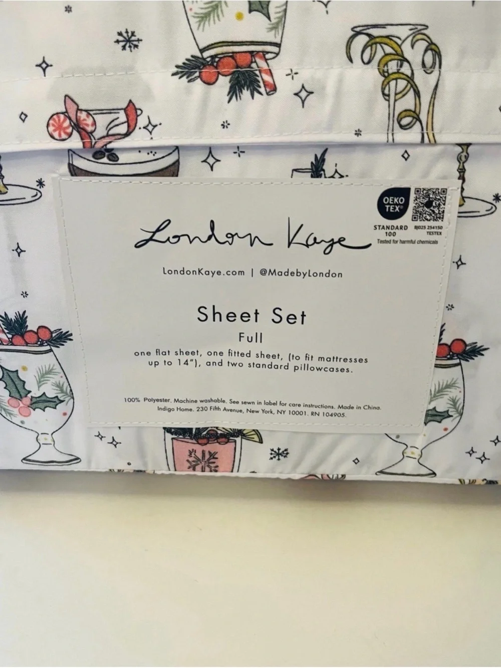 London Kaye Full Size White Sheet Set Deck the Cocktails Candy Cane Peppermint